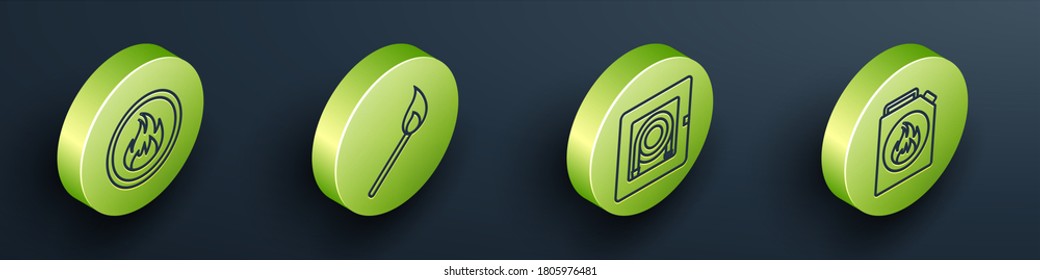 Set Isometric Fire flame, Burning match with fire, Fire hose cabinet and Canister for flammable liquids icon. Vector