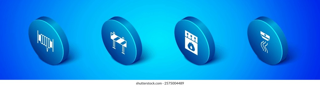 Set Isometric Fire hose reel, Matchbox and matches, Smoke alarm system and Road barrier icon. Vector