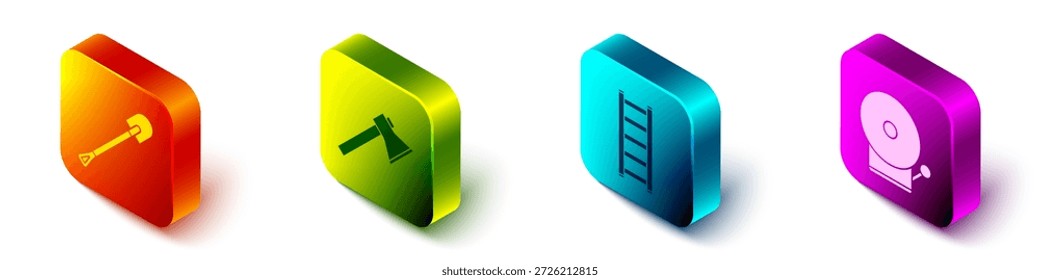 Set Isometrische Feuerschaufel, Feuerwehrbeil, Feuerwehr entkommen und Klingeln Alarmglocke Symbol. Vektorgrafik