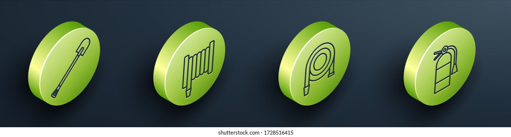 Set Isometric Fire shovel, Fire hose reel, Fire hose reel and Fire extinguisher icon. Vector