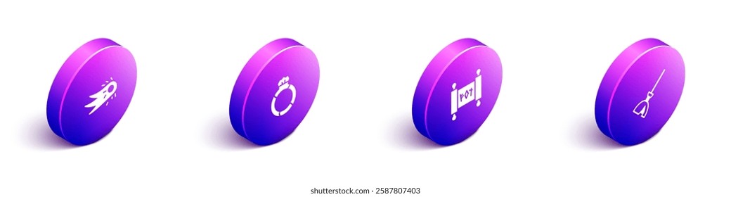 Set Isometric Fireball, Magic stone ring with gem, scroll and Witches broom icon. Vector