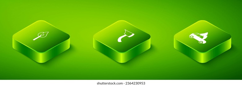 Set Isometric Firefighter axe, Burning car and match with fire icon. Vector