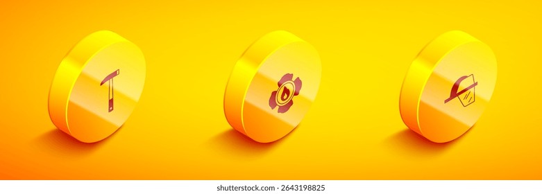 Set Isometric Firefighter axe,  and helmet icon. Vector