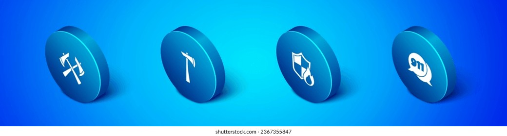 Set Isometric Firefighter axe, protection shield, Telephone call 911 and  icon. Vector