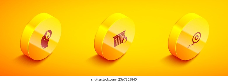 Set Isometric Firefighter, in burning garage and hose reel icon. Vector