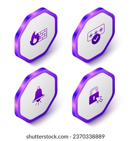 Set Isometric Firewall, security wall, Password protection, Ringing alarm bell and Lock icon. Purple hexagon button. Vector