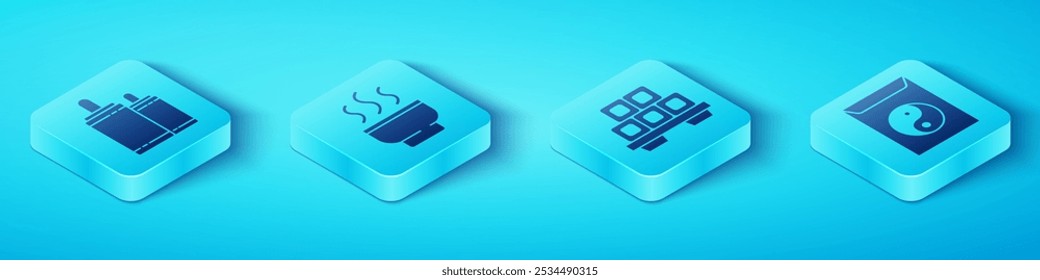 Set Isometric Firework, Chinese tea ceremony, Yin Yang and envelope and Sushi on cutting board icon. Vector