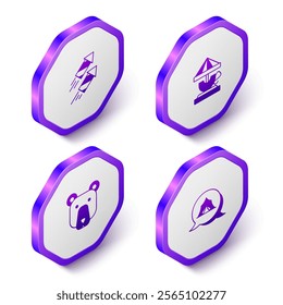 Set Isometric Firework rocket, Attraction carousel, Bear head and Circus tent icon. Purple hexagon button. Vector