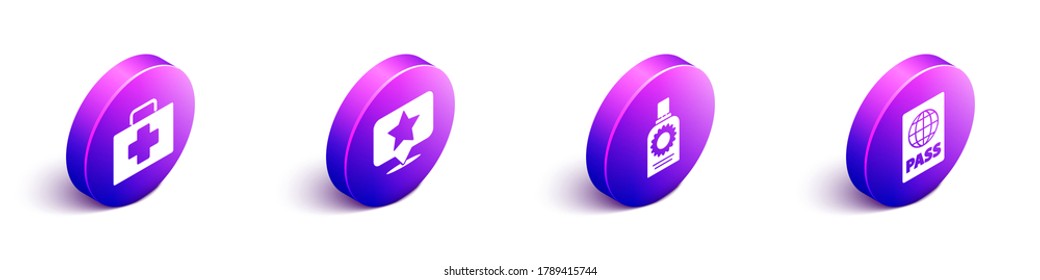 Set Isometric First aid kit, Map pointer with star, Sunscreen spray bottle and Passport icon. Vector