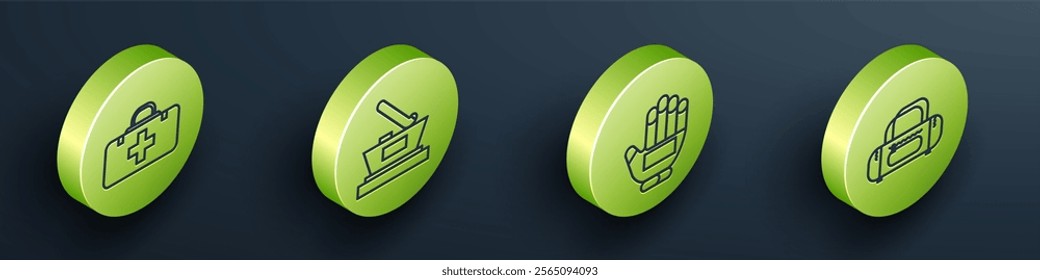 Set Isometric First aid kit, Ice hockey cup champion, Hockey glove and Sport bag icon. Vector