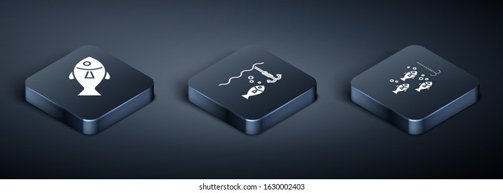 Set Isometric Fish, Fishing hook under water with fish and Fishing hook under water with fish icon. Vector