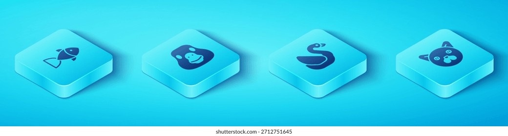 Conjunto de peces isométricos, pájaro de ganso, gato y cisne icono. Vector
