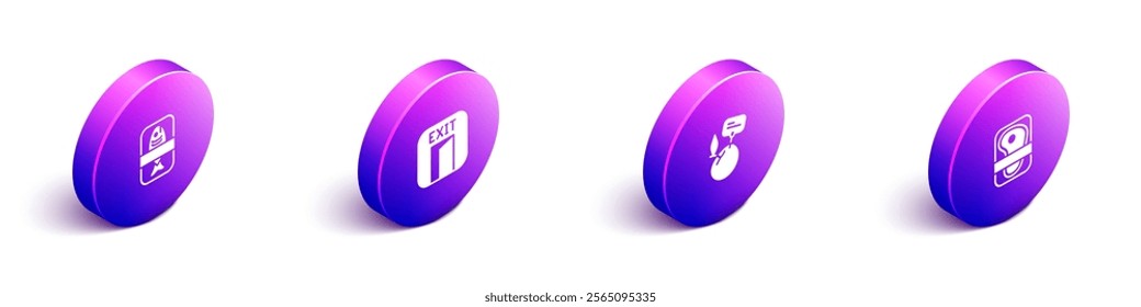Set Isometric Fish plastic tray container, Fire exit, Supermarket food products with price label and Meat packaging steak icon. Vector