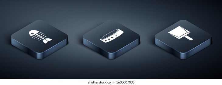 Set Isometric Fish skeleton, Dustpan and Collar with name tag icon. Vector