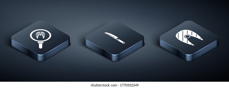 Set Isometric Fish steak in frying pan, Fish steak and Knife icon. Vector