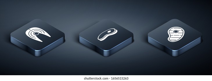 Set Isometric Fish steak, Steak meat and Steak meat icon. Vector