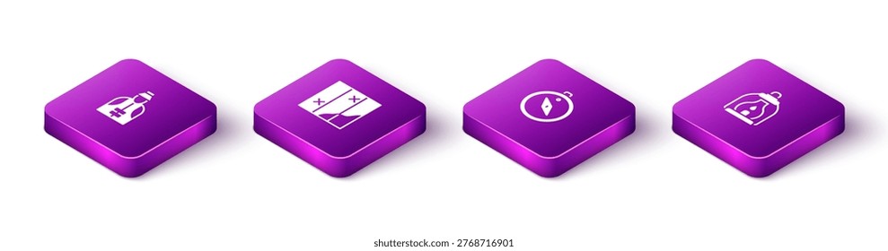 Set Isometric Fisherman, Folded map, Compass and Camping lantern icon. Vector