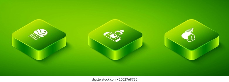 Set Isometric Fisherman, Scallop sea shell and Jellyfish icon. Vector
