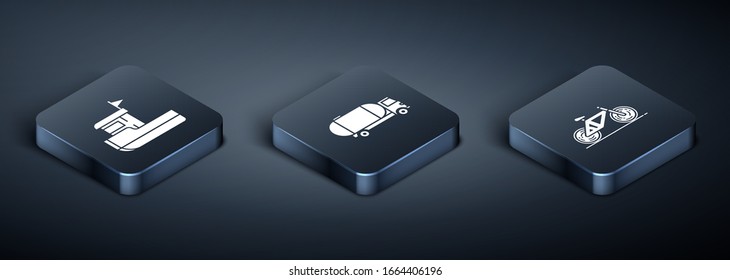 Set Isometric Fishing boat, Bicycle and Tanker truck icon. Vector