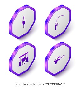 Sitúe el icono de flotador, varilla, fogata y olla y arpón isométricos. Botón hexágono púrpura. Vector