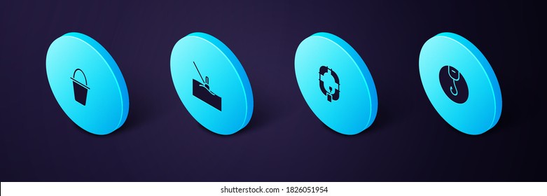 Set Isometric Fishing hook, Inflatable boat, float water and bucket icon. Vector.