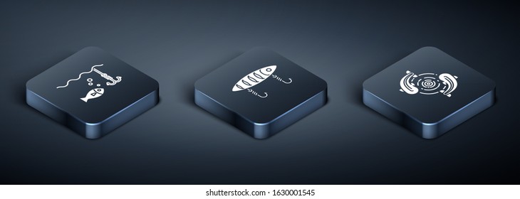 Set Isometric Fishing hook under water with fish, Fish and Fishing lure icon. Vector