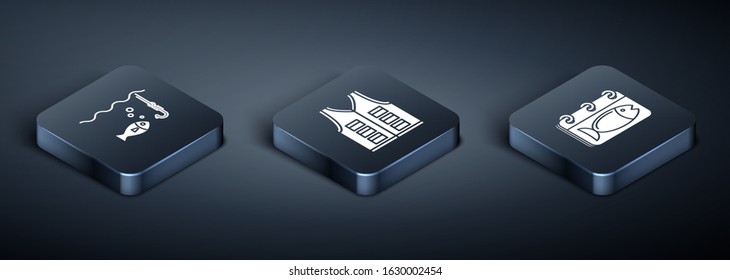Set Isometric Fishing hook under water with fish, Calendar with a fish and Fishing jacket icon. Vector