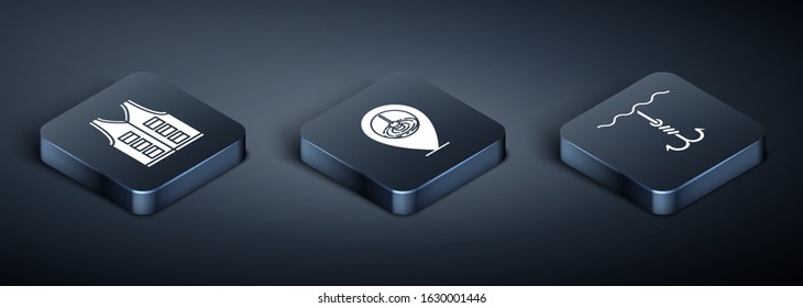 Set Isometric Fishing jacket, Fishing hook under water and Location fishing icon. Vector