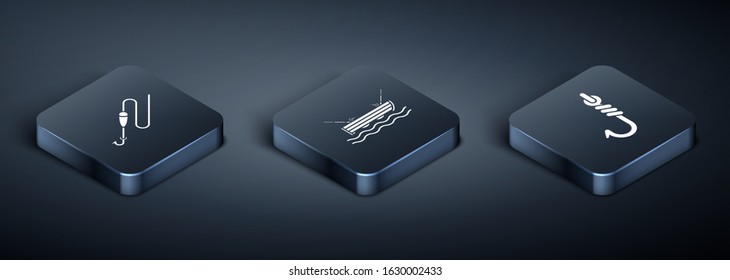 Set Isometric Fishing line with hook and float, Fishing hook and Fishing boat with fishing rod on water icon. Vector