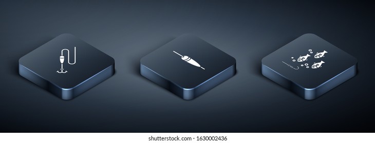 Set Isometric Fishing line with hook and float, Fishing hook under water with fish and Fishing float icon. Vector