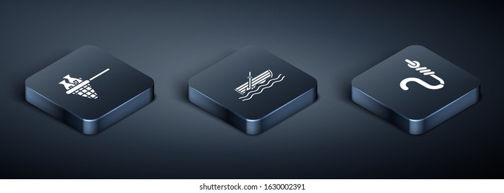 Set Isometric Fishing net with fish, Fishing hook and worm and Fishing boat with oars on water icon. Vector