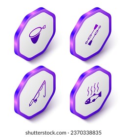 Set Isometric Fishing net, Oars or paddles boat, rod and Dead fish icon. Purple hexagon button. Vector