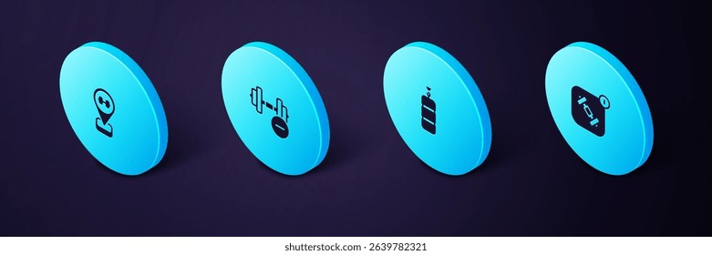 Set Isometric Fitness app, Punching bag, Dumbbell and Location gym icon. Vector
