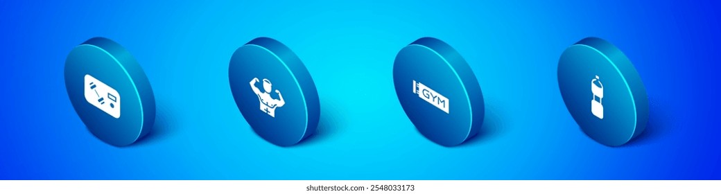 Set Isometric Fitness club, gym card, Location, Bottle of water and Bodybuilder muscle icon. Vector