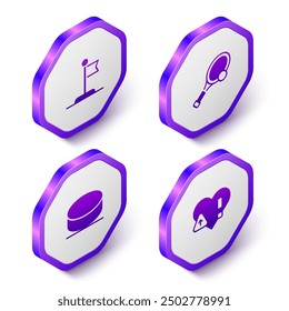 Set Isometric Flag, Tennis racket with ball, Hockey puck and Heart rate icon. Purple hexagon button. Vector