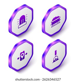 Set Isometric Flasher siren, Coal train wagon, Route location and Arrow for switching the railway icon. Purple hexagon button. Vector