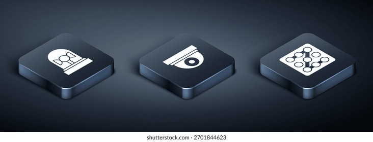 Defina a sirene Isometric Flasher, Proteção de senha gráfica e ícone da câmera de segurança. Vetor
