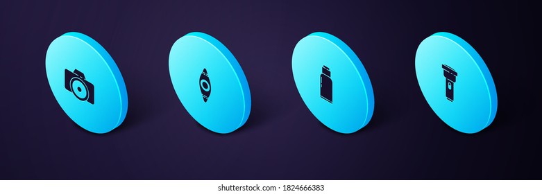 Set Isometric Flashlight, Canteen water bottle, Kayak or canoe and Photo camera icon. Vector.