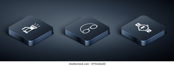 Set Isometric Flashlight, Diving watch and Glasses and cap icon. Vector