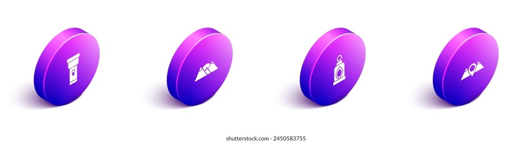 Conjunto linterna isométrica, montañas, linterna de camping y Locación montañas icono. Vector