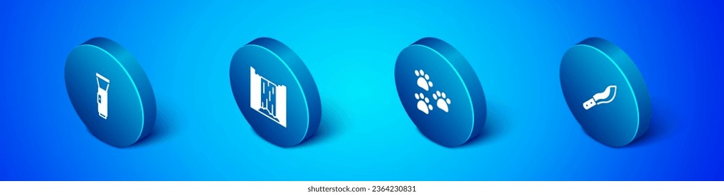 Indique el icono Isometric Flashlight, Paw print, Machete y Waterfall. Vector