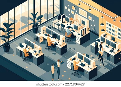 Set of Isometric in Flat Design, abstract office floor interior departments concept , Vector Illustrations for Business Workflow, R and D, and Marketing Material, depicting a busy office environment.