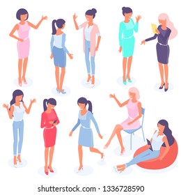 Set of isometric flat design vector people different characters, styles  and professions. Isometric acting women full length diverse acting poses ready to animation collection.