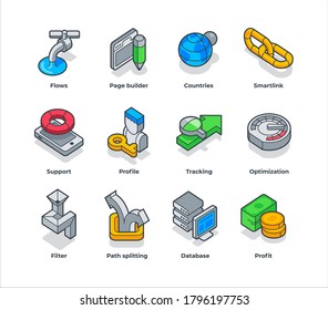 Set of isometric flat icons. 3d vector colorful illustration. Pictogram isolated on white background.