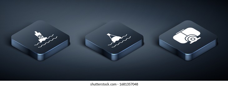 Set Isometric Floating buoy on the sea, Diving mask and Floating buoy on the sea icon. Vector