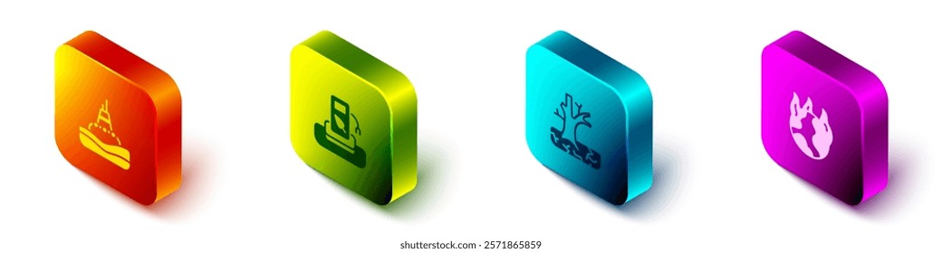 Set Isometric Floating buoy on the sea, Petrol or gas station, Withered tree and Global warming fire icon. Vector