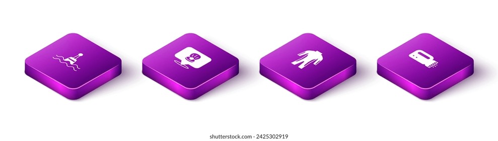 Set Isometric Floating buoy, Scallop sea shell, Wetsuit for scuba diving and Flashlight diver icon. Vector