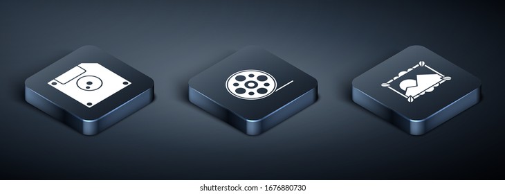 Set Isometric Floppy disk for computer data storage, Picture landscape and Film reel icon. Vector