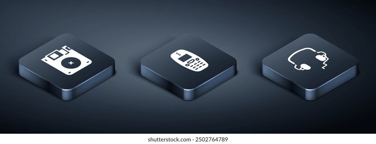 Set Isometric Floppy disk, Headphones and Old mobile icon. Vector