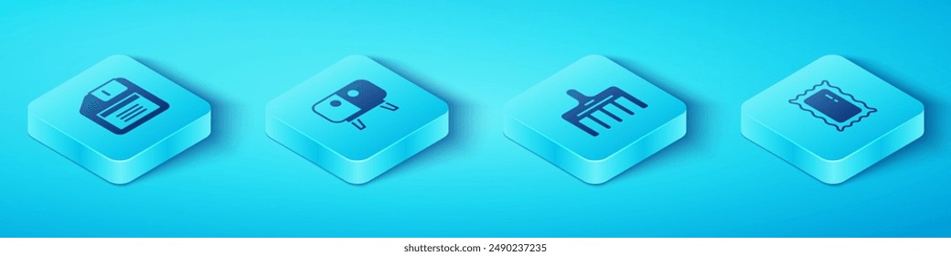 Set Disquete isométrico, soporte de mesa de TV, espejo grande de longitud completa e icono de cepillo de pelo. Vector